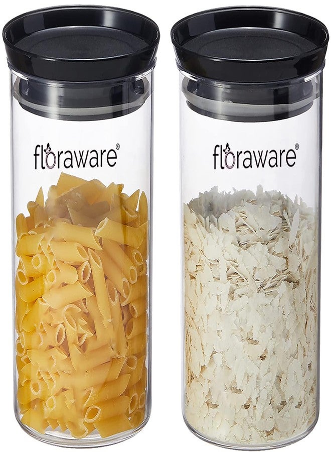 Floraware Plastic Air Tight BPA Free Stackable Round Push Multipurpose Containers For Kitchen Organizer 900ml for Rice Dal Flour Snacks Cereals Pack of 2 (Black) - Image 1